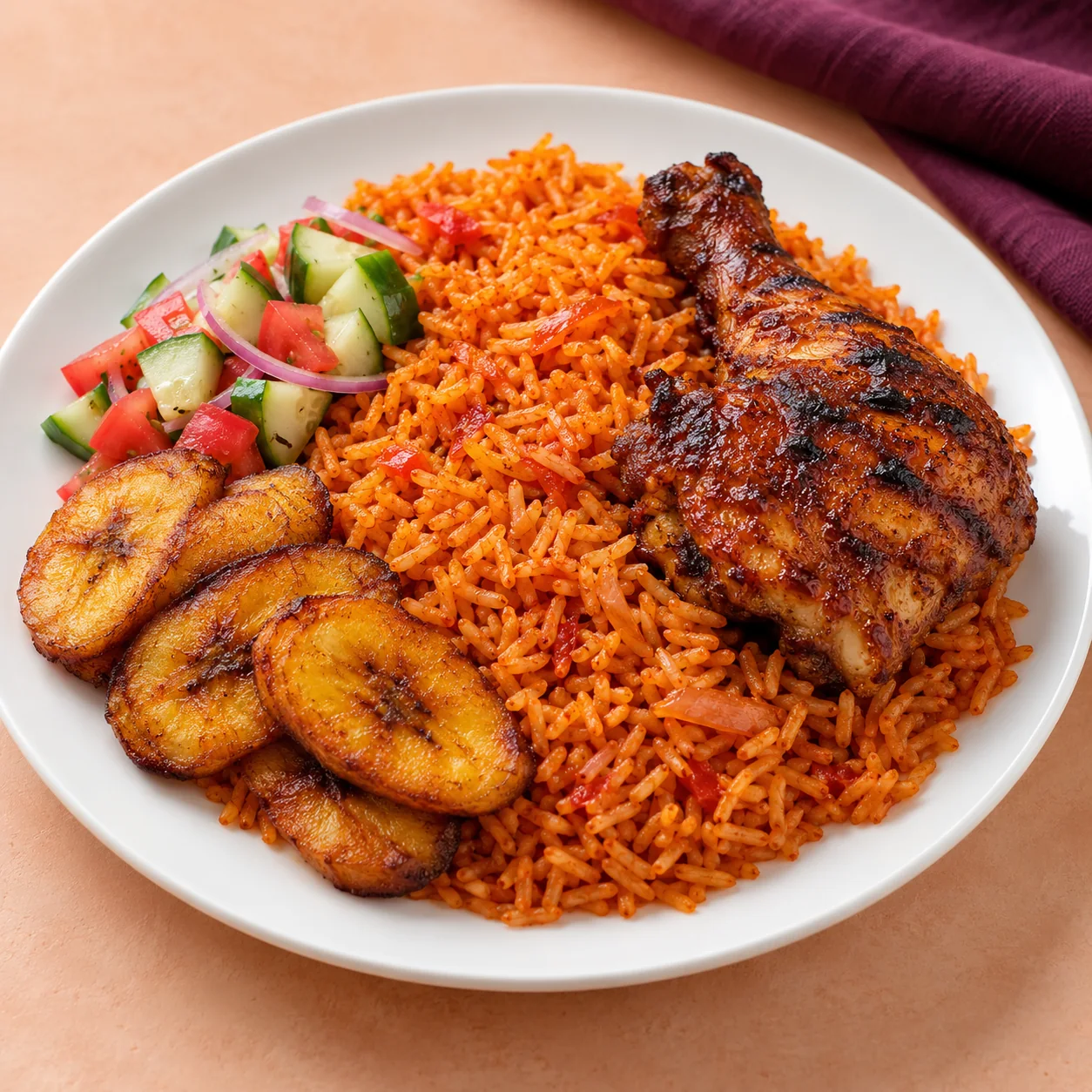 A serving of Ghanaian jollof rice with chicken and plantain